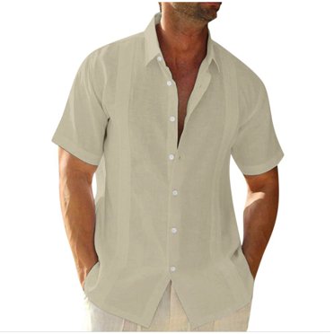 BADHUB T-Shirts en Lin pour Hommes Couleur Unie Chemise Décontractée à Manches Courtes Boutonnée Col Rabattu Été 2024 Coupe Ample Légère pour la Plage avec Poche Offres de Vacances