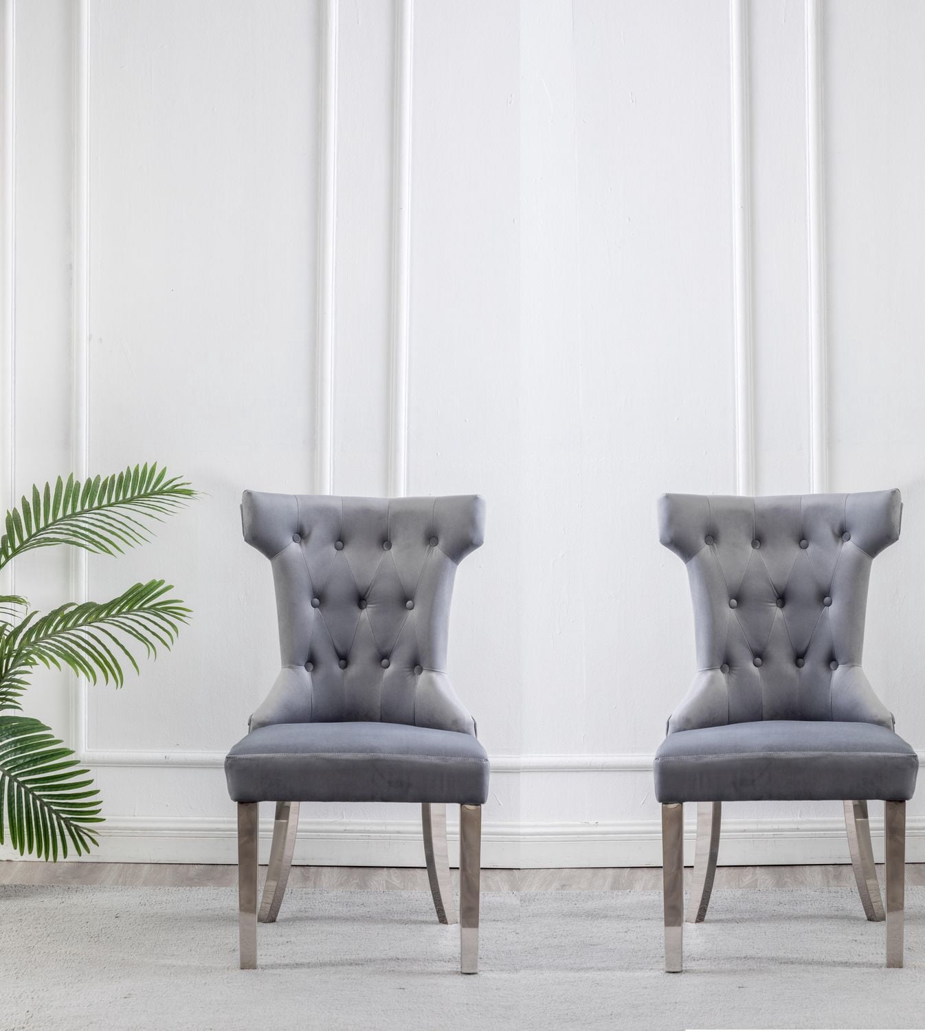K-Living Orica Grey-Colored Tufted Velvet Dining Chairs for Kitchen and Dining Room with Stainless Steel Legs (2 Chairs)