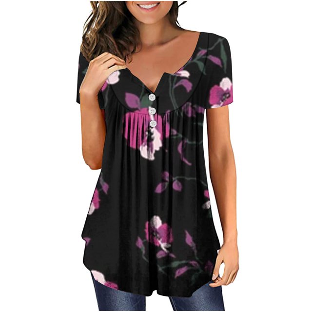 SMihono Hauts pour Femmes Été Décontracté Chic T-shirt Imprimé Col Rond Boutonné Plissé Manches Courtes Oversize pour Femmes