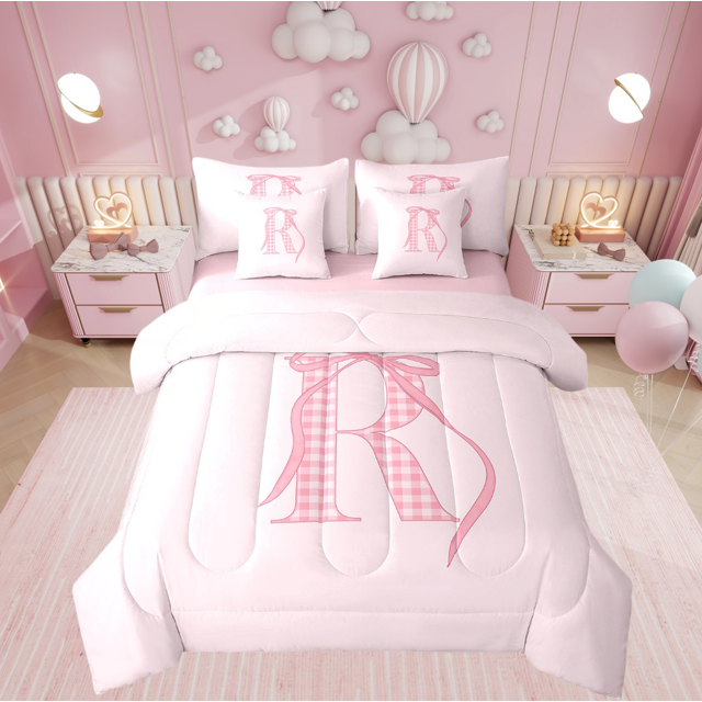 Erosebridal Teens Monogrammed Bedding Sets Queen Size, Initial R Letter Comforter Sets with Sheets, Pink Bowknot Decor, Reversible
