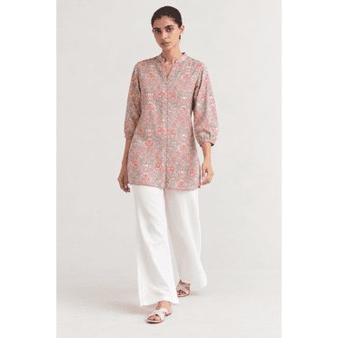 DWEEP SARA Kurti Courte Droite/haut pour Femmes en Mélange de Coton Gris et Rose à Imprimé Floral avec Col Mandarin, L-40
