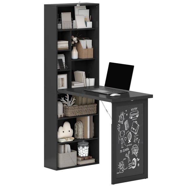 HOMCOM Bureau Convertible avec Tableau Noir et Étagère Table Multifonction, Noir
