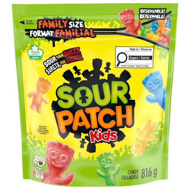 Sour Patch Kids Original Candy family size resealable bag containing 816 g of assorted red, green, blue, orange, and yellow sour then sweet gummy candies shaped like kids, prepared in Canada and labelled high in sugars, suitable for snacking or party treats.