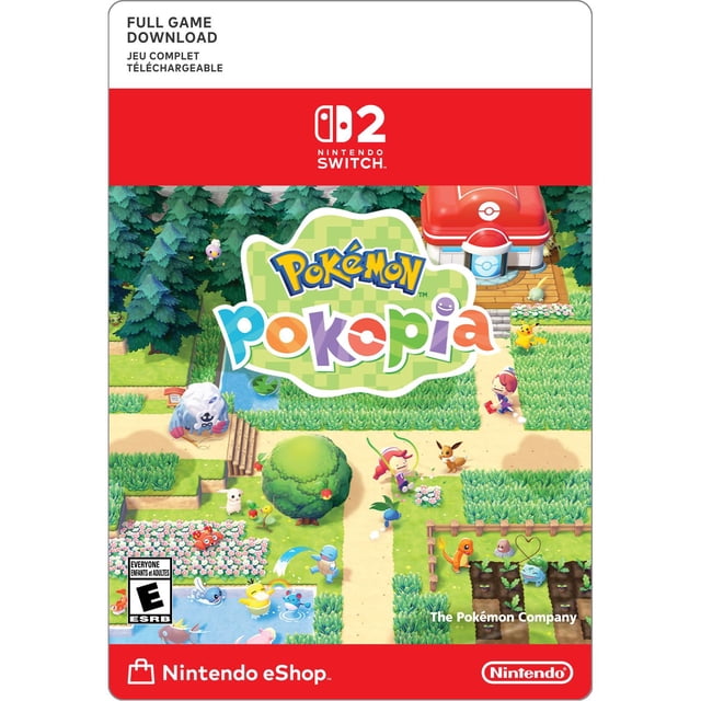 Pokémon Pokopia digital code for Nintendo Switch 2 showing a colorful village with Pokémon like Pikachu, Eevee, and Charmander in grassy fields and gardens near a Pokémon Center, representing this Nintendo Switch 2 game digital download.
