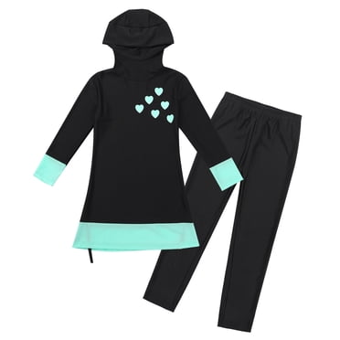 Manyakai Maillot de Bain pour Filles Musulmanes Islamique Deux Pièces Manches Longues Couverture Complète Hijab Burkini Conservateur avec Pantalon Noir 160