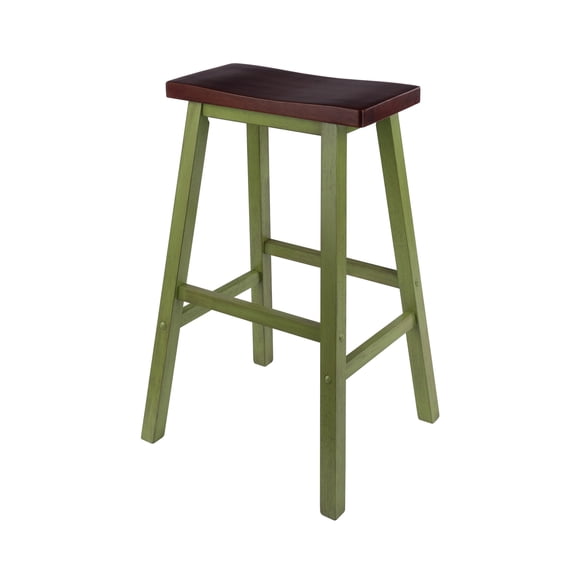 Satori Saddle Seat Bar Stool, Rustic Green and Walnut Finish