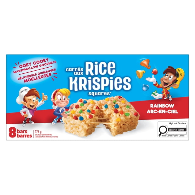 Kellogg's Rice Krispies Squares Bars 176g, 8 Bars featuring crispy rice cereal bars with ooey gooey marshmallow and mini candy-coated chocolate chips in rainbow colors on a blue and red box with cartoon characters, individually wrapped for convenient snacking and ideal for lunchboxes or on-the-go treats.