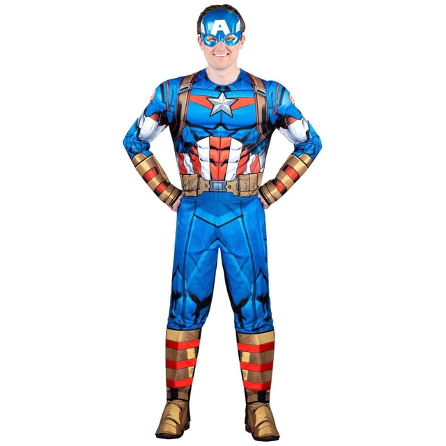 MARVEL Adult Captain America Costume featuring a padded jumpsuit with a graphic print of Steve Rogers' blue, red, and white armor, padded chest, arms, and boot tops, plus a 3D plastic mask with elastic strap, suitable for men's Halloween costumes and cosplay.
