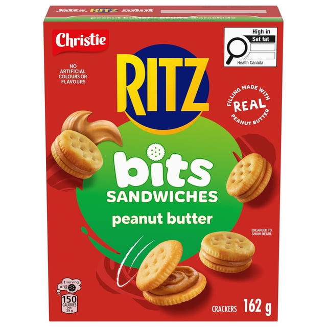 Ritz Bits Sandwich Crackers peanut butter in a 162 g red box with Christie branding, featuring round wheat crackers sandwiching real peanut butter filling, labelled no artificial colours or flavours, a bite-size snack ideal for sharing or on-the-go snacking.