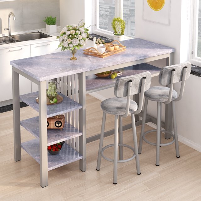 Stmoze 3 Pieces Bar Table Set with Storage Shelves, Faux Marble Tabletop Counter Height Bar Table with 2 Backrest Chairs, Dining Room Set for Kitchen Island, Pub, Cafe, Gray