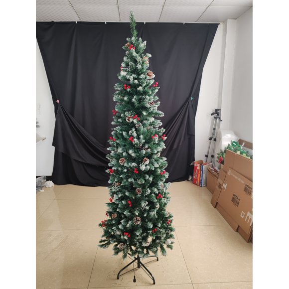 6 Ft Pre-Decorated Pencil Christmas Tree Pre-Lit Holiday Tree ,Easy Storage 55 Pine cones 595 PVC Flocked Frosted Tips Included Slim Modern Style Artificial Tree