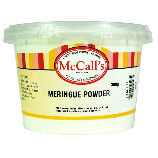 McCall's Meringue Powder in a 300 g (10 oz) container, designed for making royal icing, buttercream, and other baked goods. The container features a clear lid and a label with red, yellow, and white accents, displaying the brand name and product details.