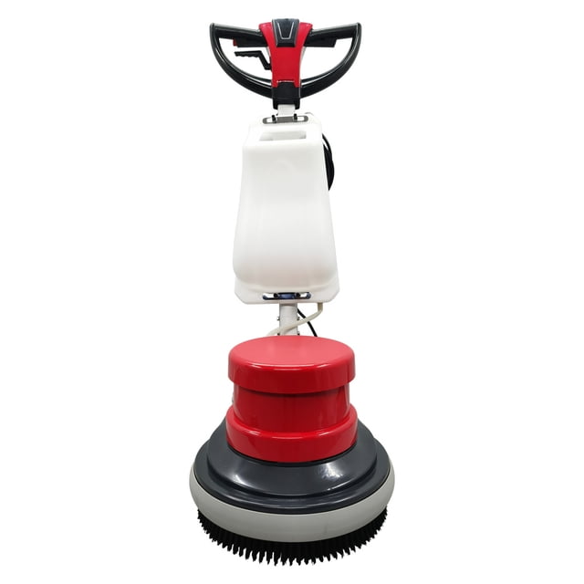 INTBUYING 17" Floor Scrubber Buffer Multifunctional Carpet Cleaner Floor Scrubber Machine Heavy Duty Sander Polisher Machine 110V. A front-facing view of the machine with a red and black base featuring a 17-inch cleaning disc, a white tank, and ergonomic handle. Ideal for commercial and industrial floor care, capable of deep cleaning, polishing, and waxing wood, marble, carpets, and more. Powered by a 1100W motor with adjustable aluminum bracket for user comfort.