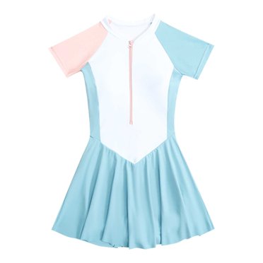 Girls One Piece Swimsuit Cute Swimwear Short Sleeve 3 Solid 6 To 8Y Upf50+ Summer Beach Girls Bathing Suit Mint Green 6-8 Years