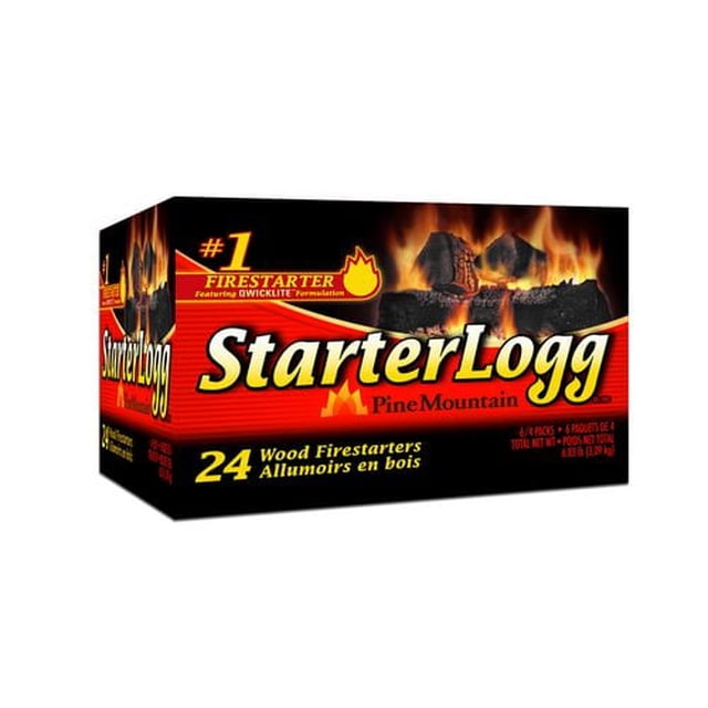 Starterlogg 6x4pk Firestarters box with 24 wood firestarters featuring Qwicklite technology for quick lighting of fireplaces, fire pits, campfires, and bonfires, in a black and red package with flame graphics, ideal for camping accessories and outdoor fire starting.