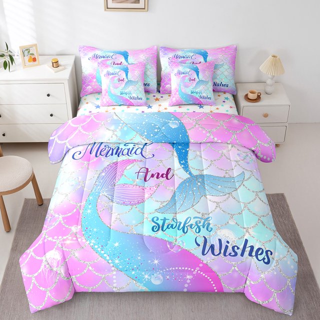 YST Mermaid Tail Comforter Set, Glitter Sparkle, 7-Piece, Queen