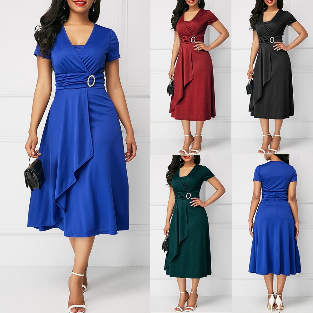 HEVIRGO Robe Midi de Fête pour Femme Grande Taille à Manches Courtes, Col en V, Ourlet Asymétrique, Taille Ajustée, Noir m