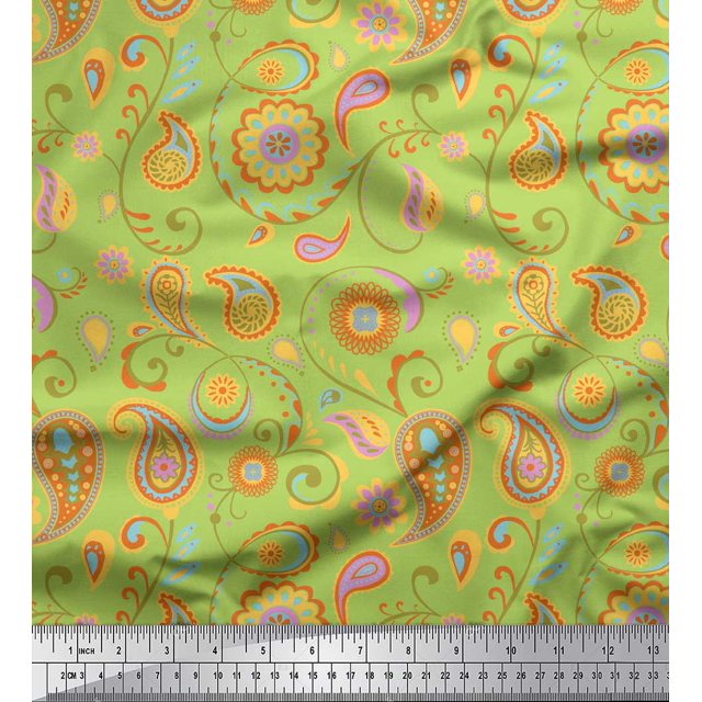 Soimoi Green Heavy Canvas Fabric Mandala & Paisley Printed Fabric 1 Yard 58 Inch Wide