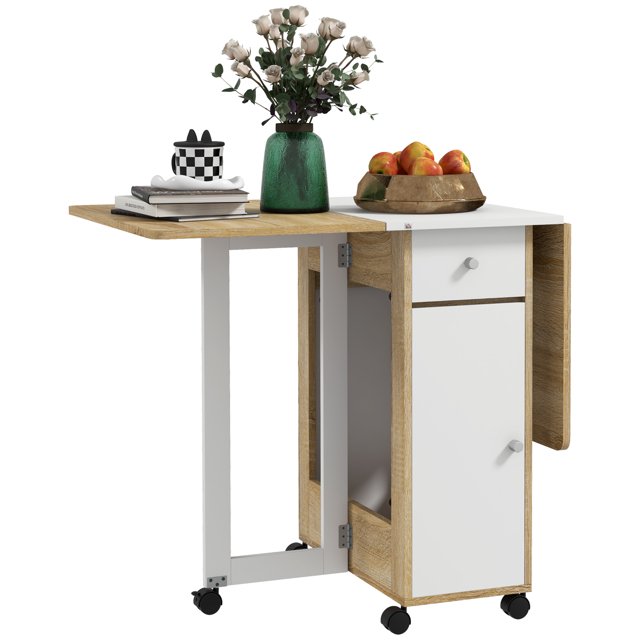 HOMCOM Table à Manger Pliable, Table à Rabat avec 2 Tiroirs, Armoire