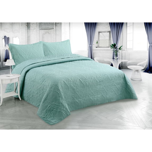 Marina Decoration Solid Embossed Pinsonic Coverlet Bedspread Bedding Ultra Soft Summer Quilt Set with Shams, Green Color