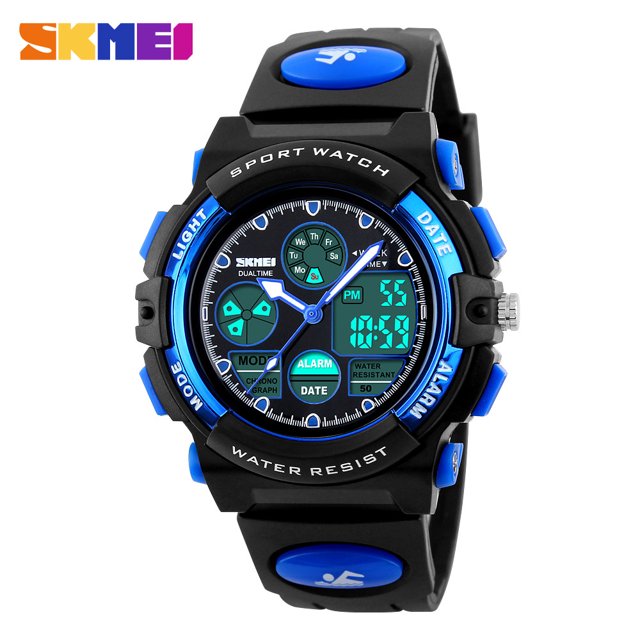 Children's Watch Boys Digital Sport Watch Multifunction with a black and blue design, featuring a digital display and functions like alarm, date, and water resistance up to 50 meters. Includes USB charging with built-in button battery to save settings during power failure. Ideal for active kids and outdoor activities.
