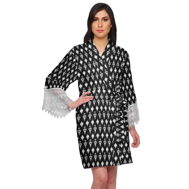 Moomaya Printed Short Robes For Women Cotton Robes For Women With Lace Trim