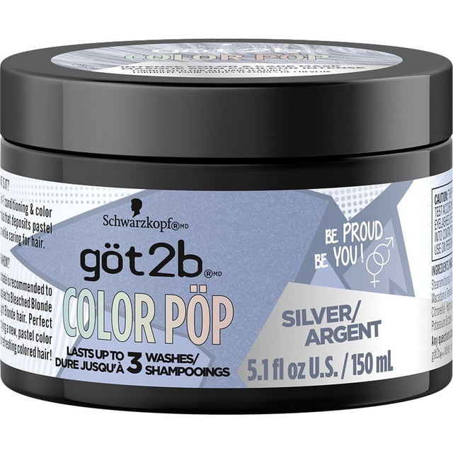 Schwarzkopf göt2b Color Pöp Masque Couleur Intense et Soin Argent 150 ml dans un Pot Rond Noir avec Couvercle à Vis, Présentant une Étiquette Géométrique Bleu pastel et Argent, un Masque de Coloration Semi-Permanente Qui Dépose une Teinte Argent pastel et Nourrit les Cheveux, Dure jusqu'à 3 Lavages, Convient à Toutes les textures de Cheveux et aux Teintes de Blond Clair.