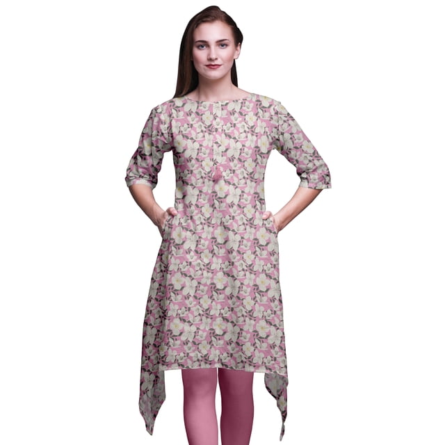 Bimba Feuilles Roses et Cardamine Floral Kurtas pour Femmes Ethnique Imprimé Asymétrique Hauts d'Été pour Femmes Petit