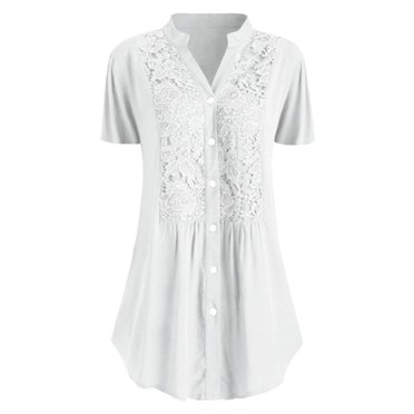 Mode Femme Décontractée Grande Taille Dentelle Uni Manches Courtes Col en V Chemise Blouse Hauts