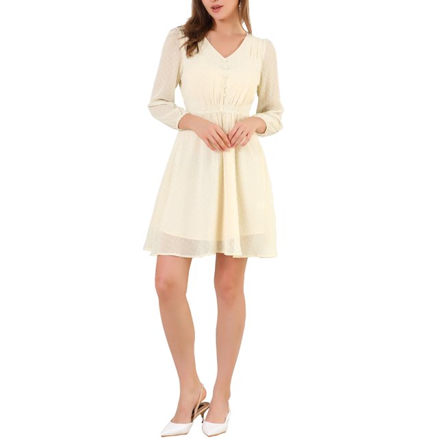 INSPIRE CHIC Women's Solid Cute V Neck Half Sleeve Flowy A-Line Chiffon Dress