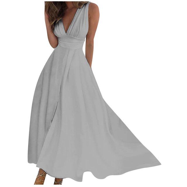 AherBiu Formal Dresses for Women Sleeveless Deep V Neck Ruched Flowy Evening Party Cocktail Maxi Dress
