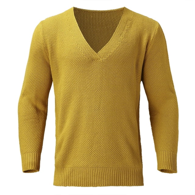 MIASHUI Men's Fall Winter Pullover V-Neck Solid Color Cardigan Knit Shirt Jacket Long Sleeve Comfort Yellow,L