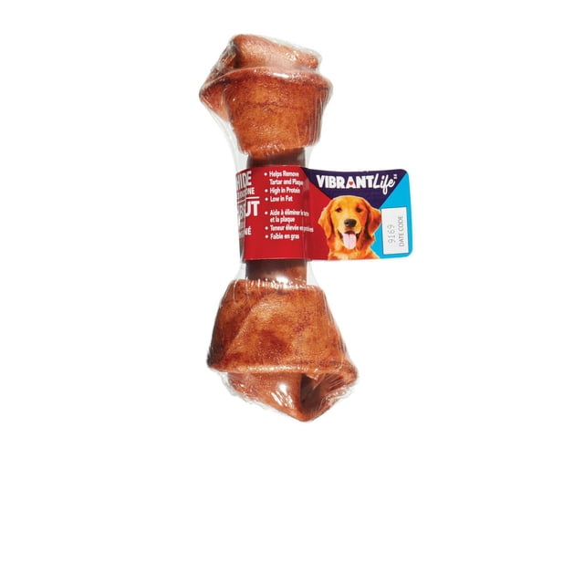 Vibrant Life Os à Nœud en Cuir Brut de 7 Pouces à Mâcher pour Chien, Enrobé de Plastique Transparent, avec Étiquette Rouge et Bleue Mettant en Valeur des Bienfaits comme l'Élimination du Tartre et de la plaque, Riche en Protéines et Faible en Gras, Idéal comme Gâterie Durable en Cuir Brut.