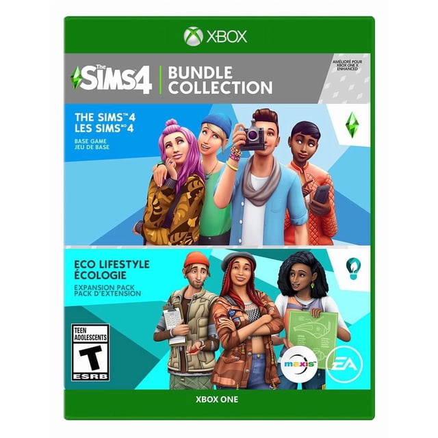 Les SIMS 4 Épisode 9 Ensemble Style de Vie Éco (XBOX ONE) Pochette Mettant en Vedette Deux Groupes de Personnages des SIMS : le Groupe Supérieur de Quatre SIMS en Vêtements Modernes Décontractés sur Fond Géométrique Bleu, et le Groupe Inférieur de Trois SIMS en Tenues Écoresponsables Tenant un Presse-Papiers et une Affiche Écologique Verte, avec Image de Marque XBOX ONE, Cote Ado ESRB, et Maxis et logos EA.