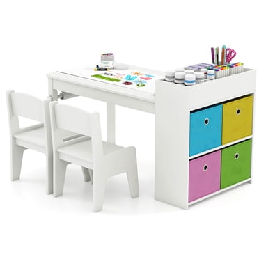 Costway Ensemble Table et Chaises d'Art pour Enfants avec Rouleau de Papier Bureau d'Étude en Bois pour Bricolage Jeu Actif Blanc