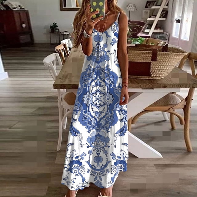 LSLJS Robes d'Été pour Femmes à Imprimé Sans Manches à Col Rond Robe Décontractée, Robe d'Été Robes de Plage d'Été