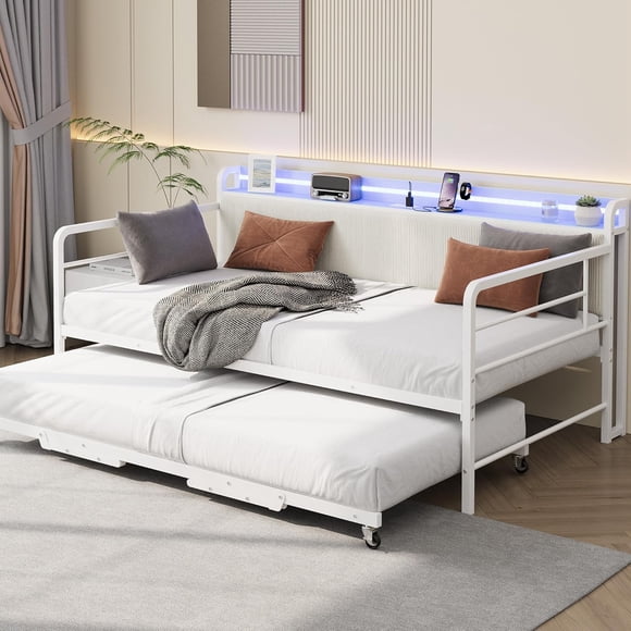 Lit de Jour avec Lit Gigogne, Cadre de Lit Simple avec Tête de Lit Rembourrée en Velours Côtelé avec Rangement et Station de Recharge et Lumière DEL, Lit de Jour en Métal Robuste avec Lit Gigogne Escamotable pour Salon, Chambre, Blanc