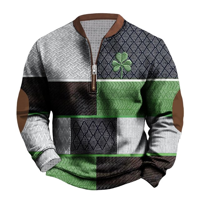 Penkiiy St Patricks Day Shamrock Patch Chest Print 1/4 Zip Sweatshirt M White
