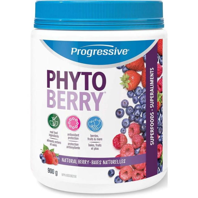Progressive - Supplément Alimentaire Phytoberry dans un Contenant de 900 G. l'Étiquette Met en Valeur Sa Formule à Base de Baies avec protection Antioxydante, Offrant de 6 à 8 Portions de Fruits par Cuillère. Présente une Saveur Naturelle de Baies et Favorise l'Énergie, la Clarté cognitive et la Santé Immunitaire.