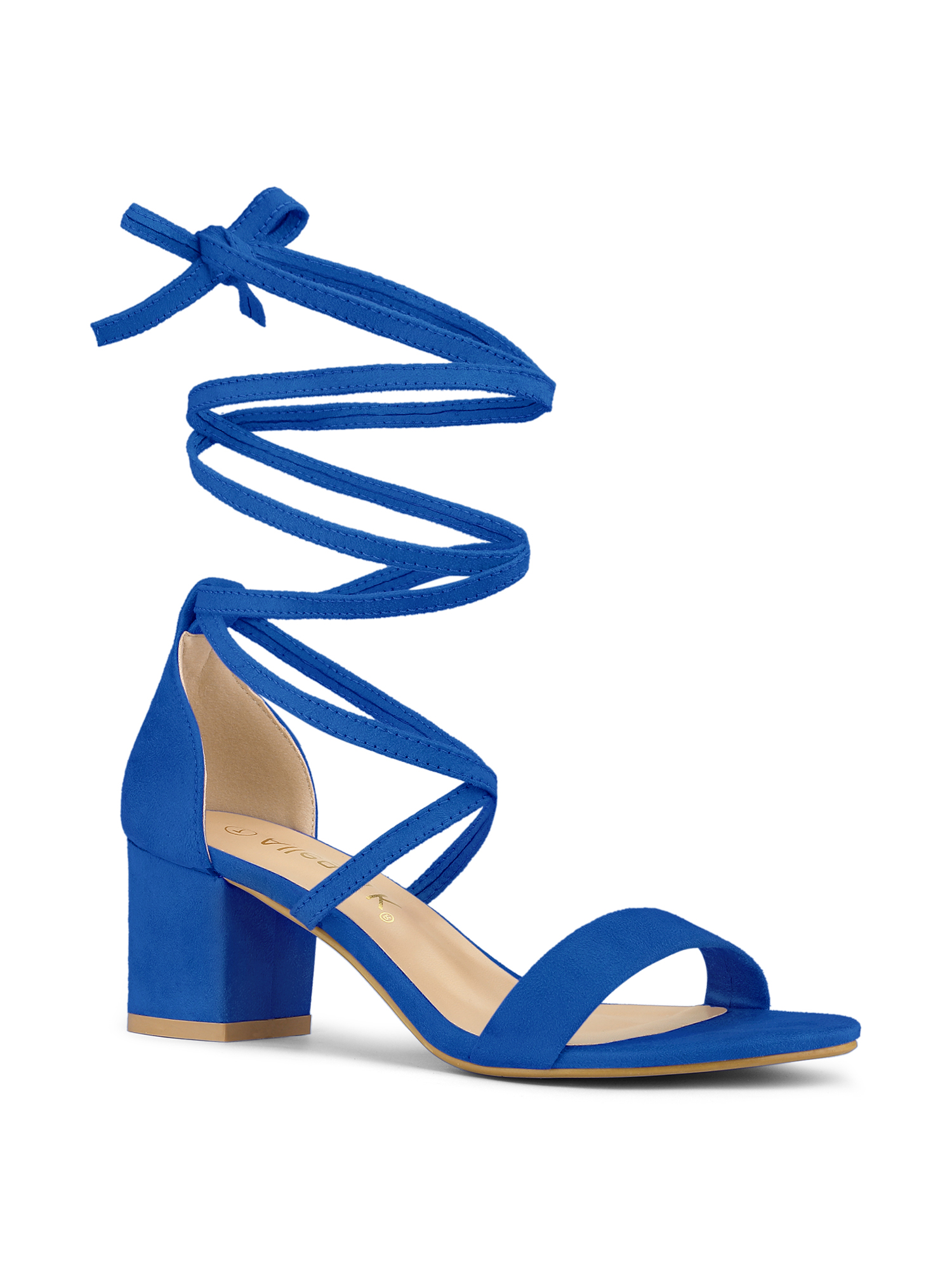 BLISSFUL STEP Women's Open Toe Lace up Sandals Mid Block Heels Sandals Royal Blue 9