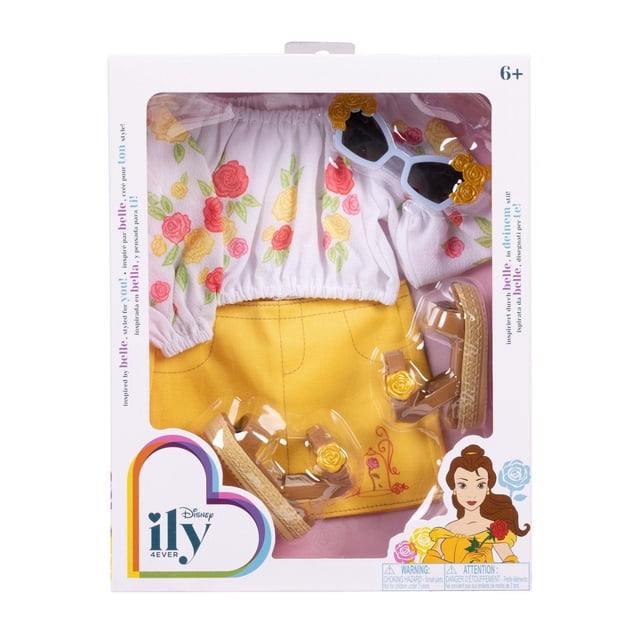 Disney ily 4EVER Fashion Pack - Belle Inspired 5-piece outfit for 18-inch dolls featuring a white floral boho top with red and yellow roses, yellow mini-skirt with embroidered details, clear platform sandals with yellow rose accents, and white sunglasses with rose decorations in retail packaging.