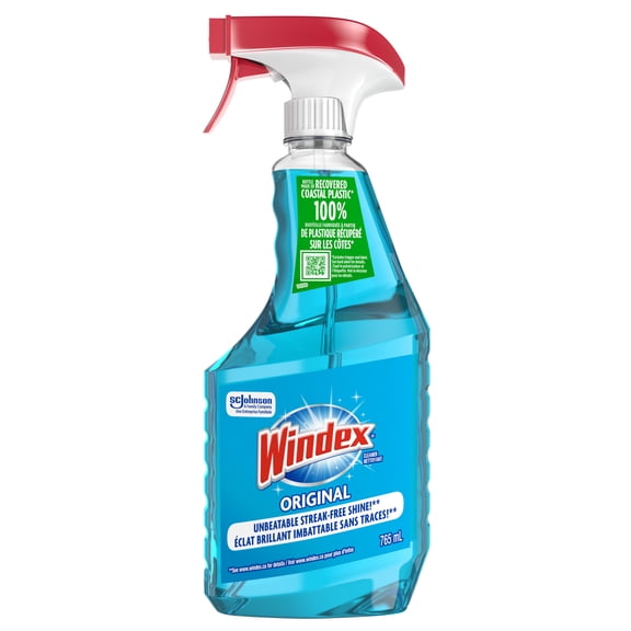 Windex Original Blue Glass and Window Cleaner, Bottles Made from 100% Recycled Plastic, 765mL