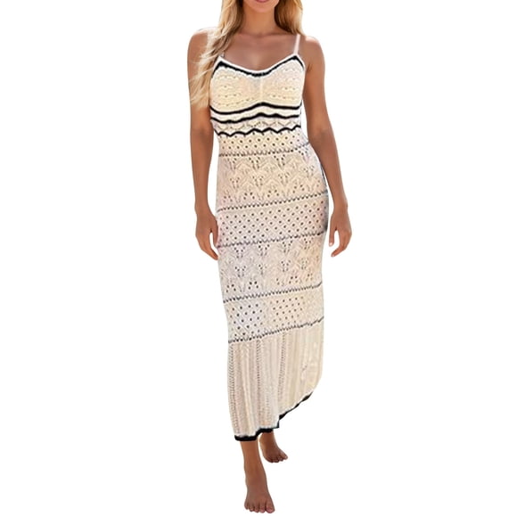 Kcodviy Women's Spaghetti Strap Dress Summer Dresses Crochet Eyelet Sleeveless Striped Evening Dresses for Fall Midi Dress Summer Beach Womens Dresses Summer Knit Long Dresses