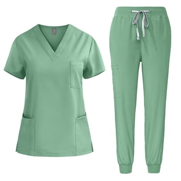 Amzcrzy Scrubs for Women Set V Neck Short Sleeve Scrubs Tops Jogger Pants Scrub Sets for Woman Casual Stretch Solid Color Scrubs Sets with Pockets