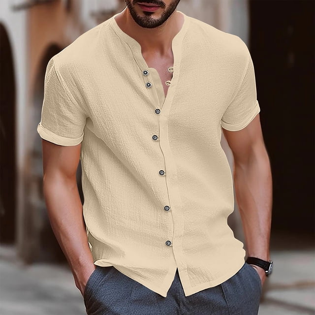TIMIFIS Mens Short Sleeve Top Cotton Linen T Shirts Beach Solid Short Sleeve Shirts V-neck Button Closure Tops Blouse - Spring/Summer