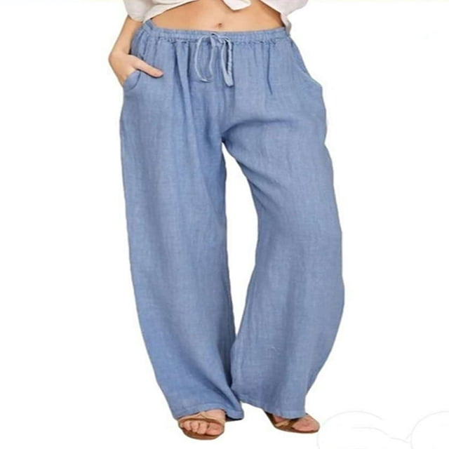 Women‘s Linen Plus Size High Waisted Loose Fit Pants Drawstring Closure Gothic Trousers for Women