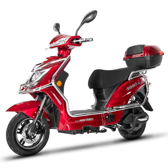 EMMO Hornet XI E Bike - Scooter Style eBike - 60V30Ah Lithium - Red - Removable Battery - Large Storage. Moped-style electric scooter with red aluminum frame, QS 500 W brushless hub motor, removable 60V30Ah battery and optional dual-battery setup for long range, underseat and rear tail storage, 10×3 tubeless tires, hydraulic disc brakes, assembled 190×70×110 cm; suitable for adult commuting, delivery, leisure and often used as a compact light-delivery cargo scooter.