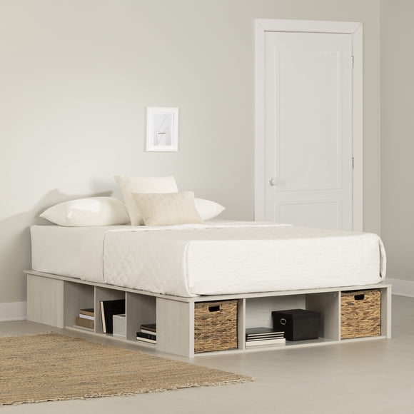 South Shore Versa Full Storage Platform Bed with Wicker Baskets, in Winter Oak