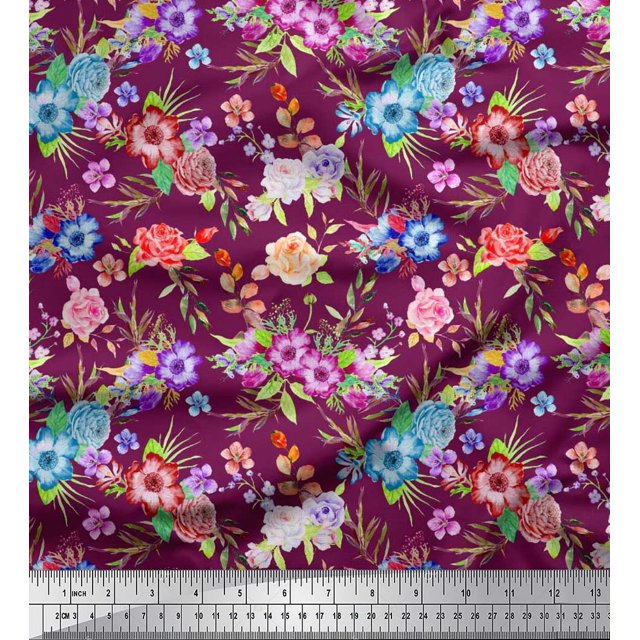 Soimoi Velvet Fabric Leaves, & Rose Floral Fabric Prints by Yard 58 Inch Wide
