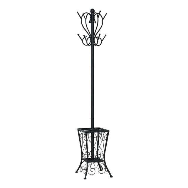 Monarch Specialties Coat Rack, Hall Tree, Free Standing, 8 Hooks, Entryway, 71"h, Umbrella Holder, Bedroom, Metal, Black, Transitional with a black metal frame featuring two tiers of curved hooks for coats and hats, an elaborately scrolled umbrella holder base, ideal for hallway storage and clothing organization.
